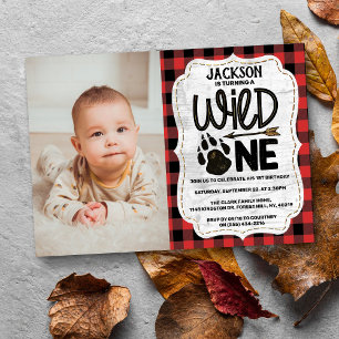 Invitation Ours Rustique Plaid Forêt Paw Garçons 1er annivers
