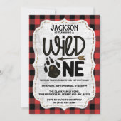 Invitation Ours Rustique Plaid Forêt Paw Garçons 1er annivers (Devant)