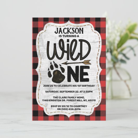 Invitation Ours Rustique Plaid Forêt Paw Garçons 1er annivers (Debout devant)