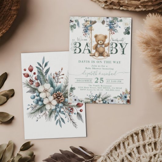 Invitation Ours Sur Le Chemin Botanique Sage Baby shower Vert