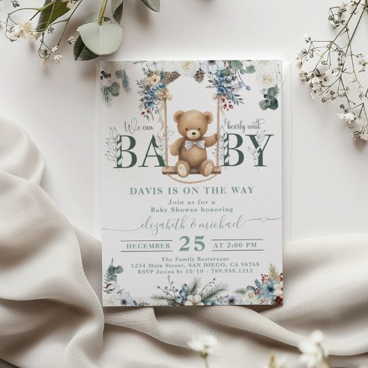 Invitation Ours Sur Le Chemin Botanique Sage Baby shower Vert