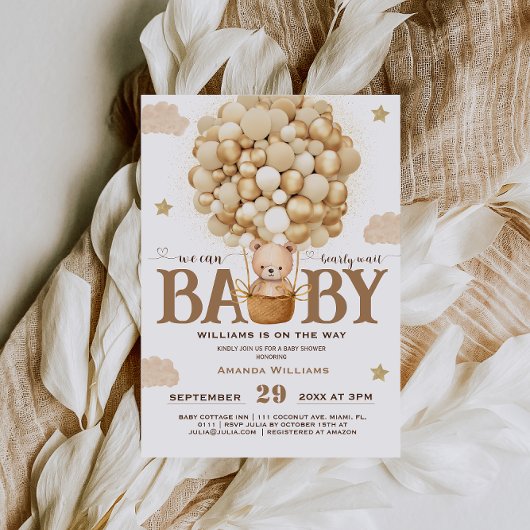 Invitation Ours Teddy Avec Ballons Baby shower Or Neutre