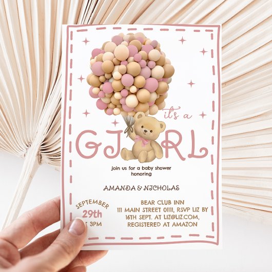 Invitation Ours Teddy Avec Ballons Rose Baby Girl Douche