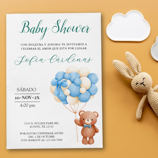 Invitation Ours Teddy Avec Balloons Espagnol Baby shower Blan