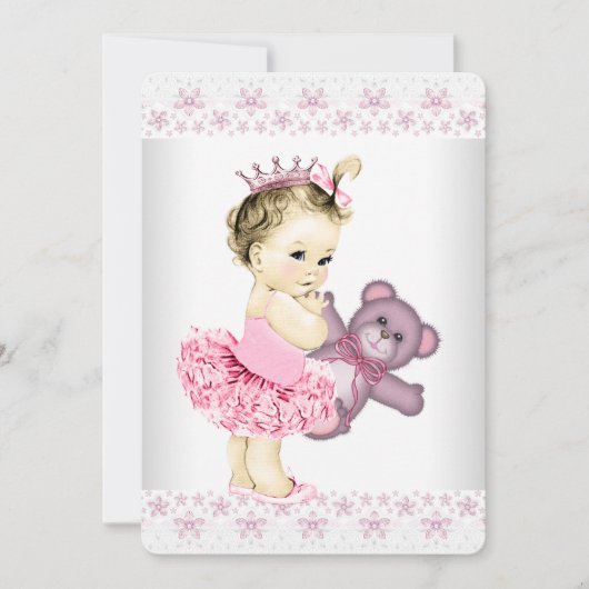 Invitation Ours Tutu Princess Baby shower rose Teddy (Devant)
