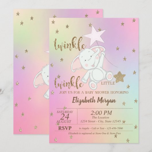 Invitation Ours, Twinkle Little Star Baby shower holographiqu (Devant / Derrière)