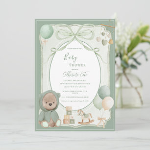 Invitation Ours vert avec jouets Baby Shower Vintage