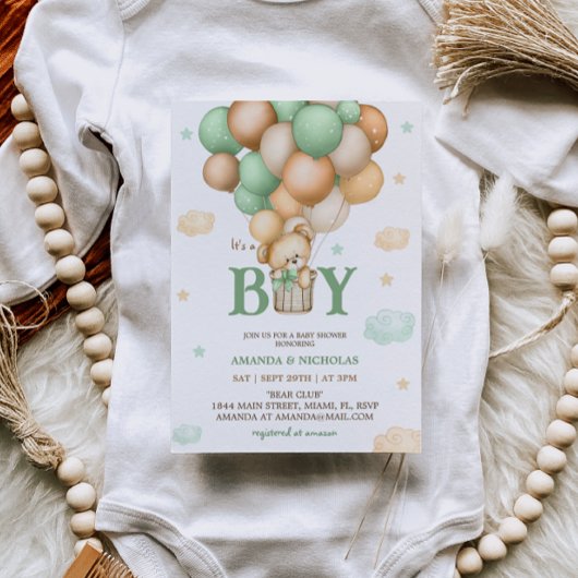 Invitation Ours Vert Hot Air Balloon Baby Boy Douche