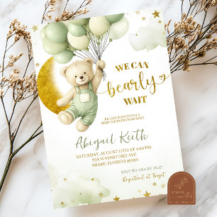 Invitation Ours Vert Sauge et garçon au ballon Baby Shower