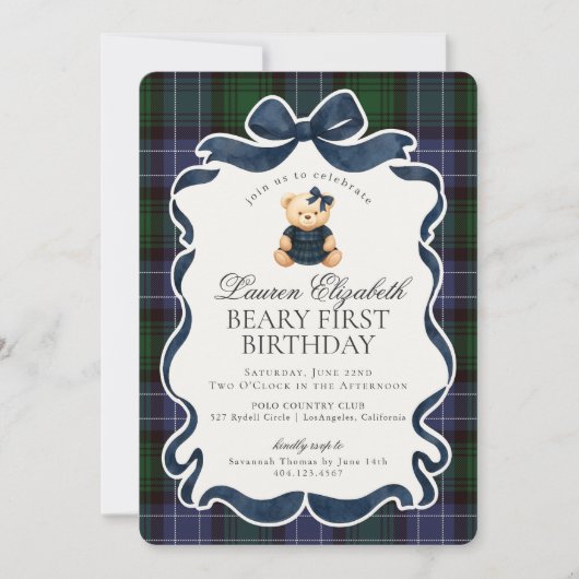 Invitation Ourson à nœud papillon Prépa pour un premier anniv (Devant)
