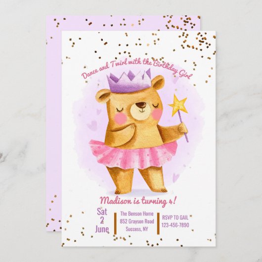 Invitation Ourson Ballerine (Devant / Derrière)