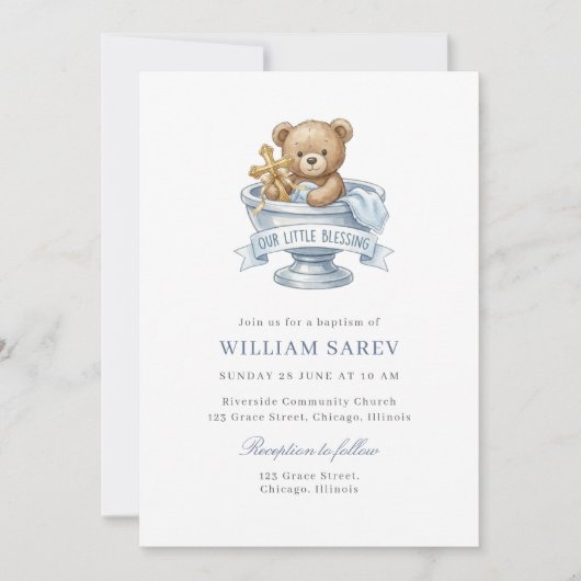 Invitation Ourson baptême aquarelle bleu doux (Devant)