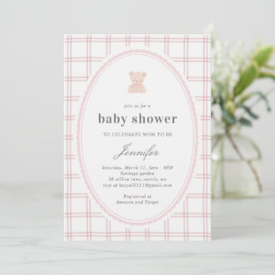 Invitation Ourson en peluche Baby shower rose