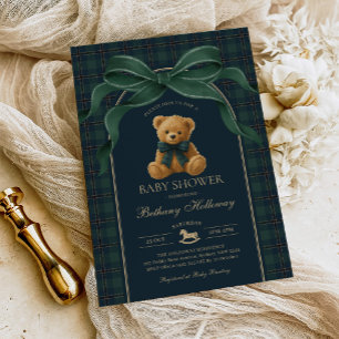 Invitation Ourson en peluche vintage polo vert à carreaux Bab