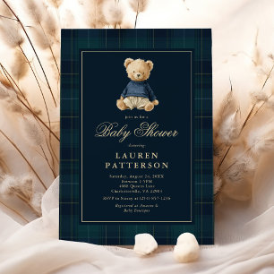 Invitation Ourson en polo tartan preppy pour Baby Shower