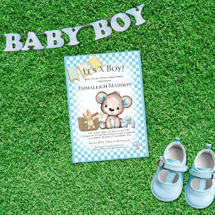 Invitation Ourson Mignon Bébé Pique-Nique Fête Bébé Bleu