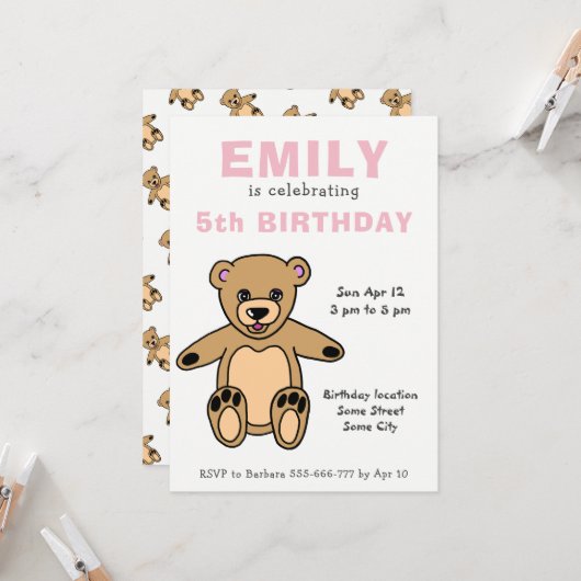 Invitation Ourson Mignon Rose Anniversaire Fille (Devant/Arrière en situation)