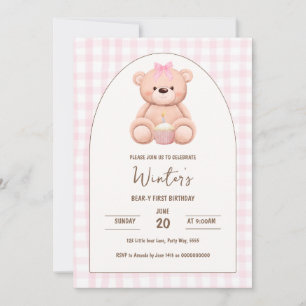 Invitation Ourson Première Anniversaire Neutre Teddy Rose Gin