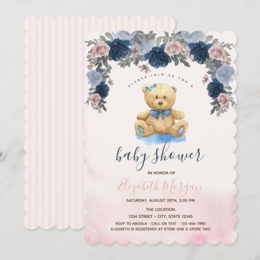 Invitation Ourson rayé rose Baby Shower (Devant / Derrière)
