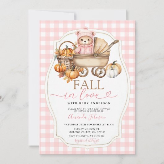 Invitation Ourson Rose Chute Bébé Naissance Berceau (Devant)