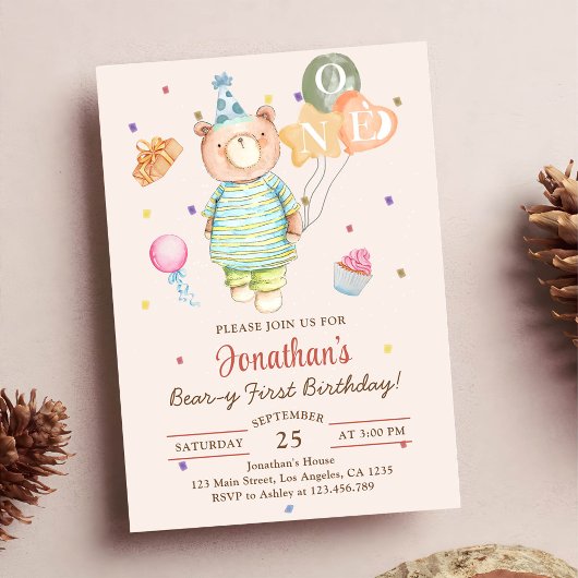Invitation Ourson sage vert Beary premier anniversaire