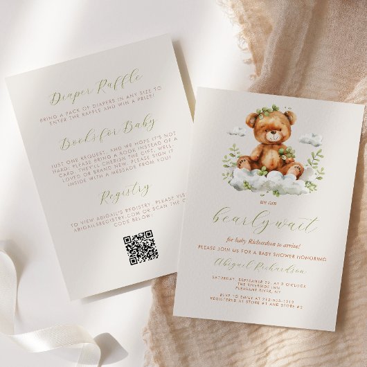 Invitation Ourson Vert Neutre Code QR Baby Shower