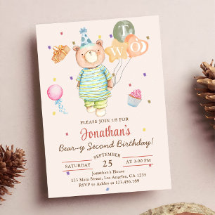 Invitation Ourson Vert Sauge Deuxième Anniversaire Beary