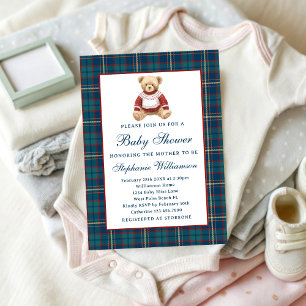 Invitation Ourson vintage à carreaux pour Noël Baby Shower