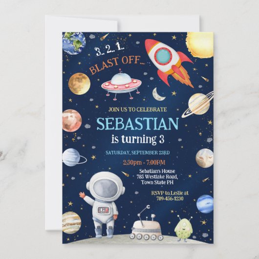 Invitation Outer Space Astronaut Galaxy Rocket Ship Birthday (Devant)