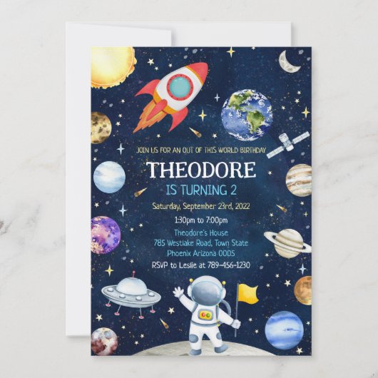 Invitation Outer Space Astronaut Rocket Planets Birthday  (Devant)