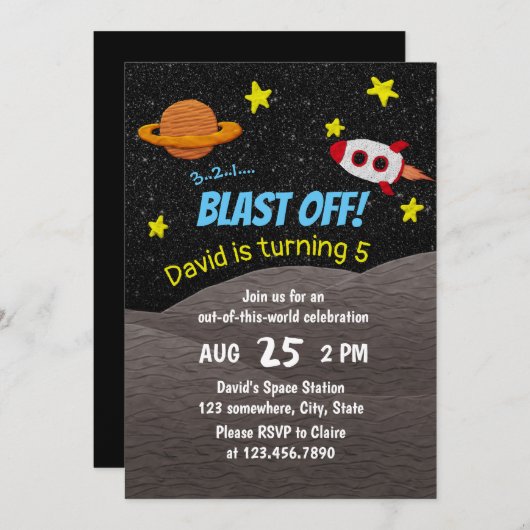 Invitation Outer Space Boy 5e fête d'anniversaire (Devant / Derrière)