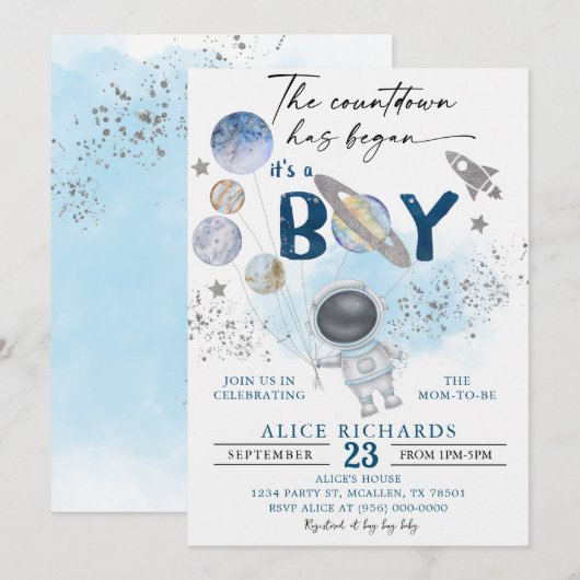 Invitation Outer Space Boy Baby Shower Galaxy Baby Shower (Devant / Derrière)