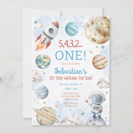 Invitation Outer Space First Trip Around The Sun 1st Birthday (Devant)