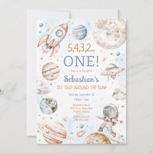 Invitation Outer Space First Trip Around The Sun 1st Birthday (Devant)