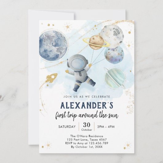 Invitation Outer Space First Trip Around the Sun 1st Birthday (Devant)