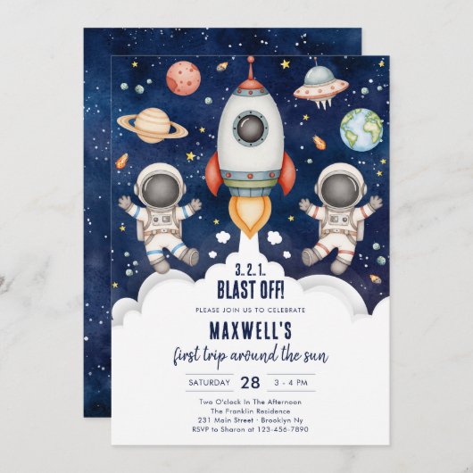 Invitation Outer Space Planets Astronaut Boy Birthday (Devant / Derrière)