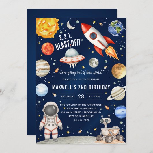 Invitation Outer Space Planets Astronaut Boy Birthday (Devant / Derrière)