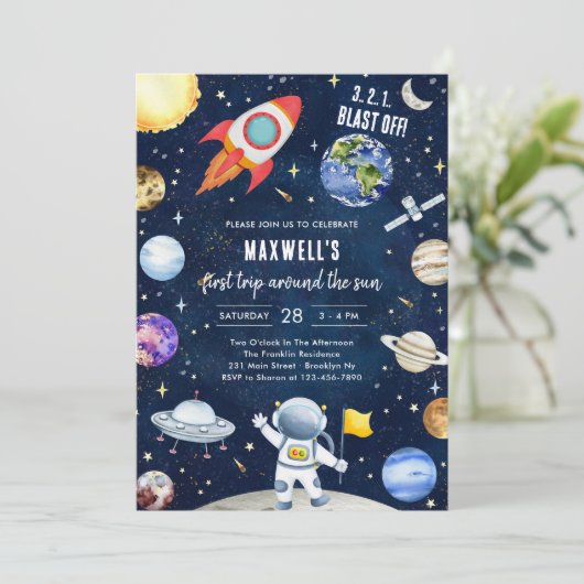 Invitation Outer Space Planets Astronaut Boy Birthday (Debout devant)