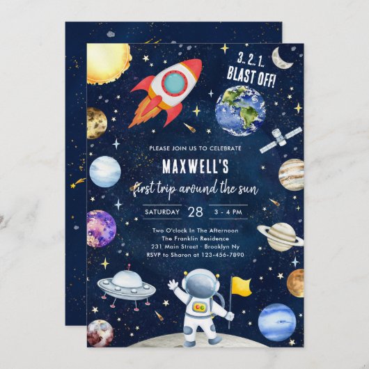 Invitation Outer Space Planets Astronaut Boy Birthday (Devant / Derrière)