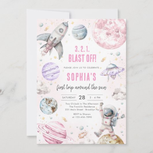 Invitation Outer Space Planets Astronaut Girl Birthday (Devant)