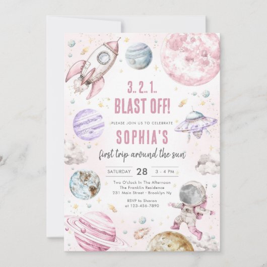 Invitation Outer Space Planets Astronaut Girl Birthday (Devant)