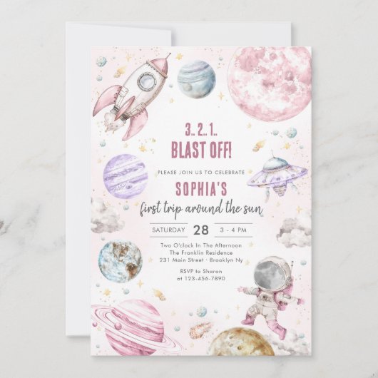 Invitation Outer Space Planets Astronaut Girl Birthday (Devant)