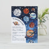 Invitation Outer Space Planets Navy Blue Boy Baby Shower  (Debout devant)