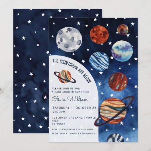 Invitation Outer Space Planets Navy Blue Boy Baby Shower  (Devant / Derrière)