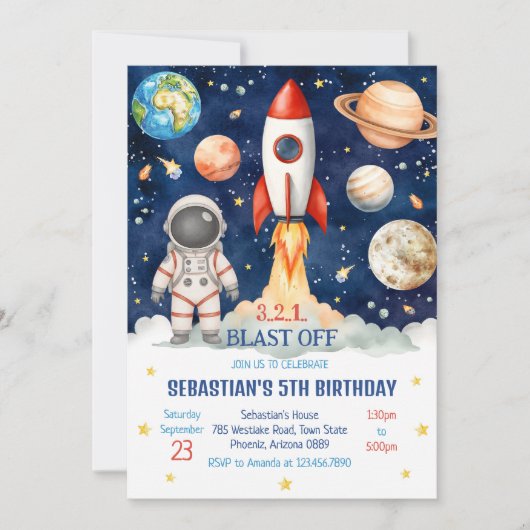 Invitation Outer Space Rocket Ship Astronaut Galaxy Birthday  (Devant)