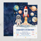 Invitation Outer Space Rocket Ship Astronaut Galaxy Birthday  (Devant / Derrière)