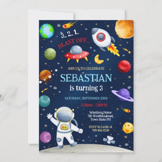 Invitation Outer Space Rocket Ship Astronaut Galaxy Birthday  (Devant)