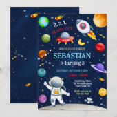 Invitation Outer Space Rocket Ship Astronaut Galaxy Birthday  (Devant / Derrière)