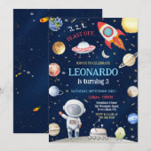 Invitation Outer Space Rocket Ship Astronaut Galaxy Birthday  (Devant / Derrière)