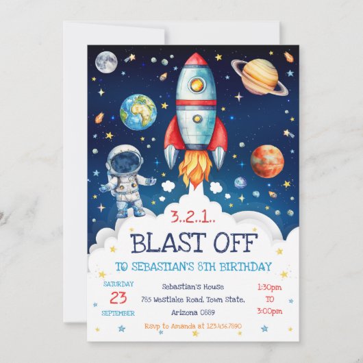 Invitation Outer Space Rocket Ship Astronaut Galaxy Birthday  (Devant)
